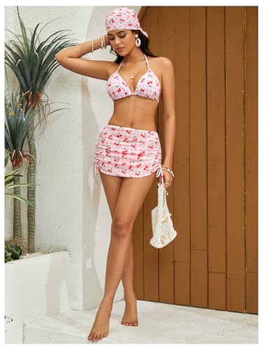 Image of RoseSeek Women's 4 Piece Polka Dots Bathing Suits Cover Up Skirt & Bandana