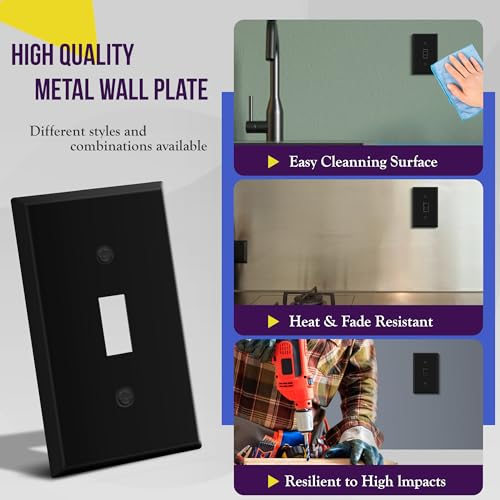 Image of ENERLITES Toggle Light Switch Metal Cover Plate, Wall Plate, Corrosion Resistant, Standard Size 1-Gang 4.50 inch x 2.76 inch, Powder Coated Stamped Steel, 7711-BM, Black Matte | Fits standard toggle switches; Rust-proof stamped steel; Smooth matte finish; Standard 1-gang; 7711-BM