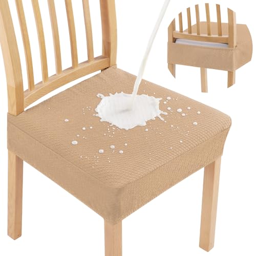 Image of Smiry Waterproof Seat Covers for Dining Room Chairs, No Rear Covers | Stretch Jacquard Removable Washable Chair Seat Slipcovers Protector, Set of 8, Camel