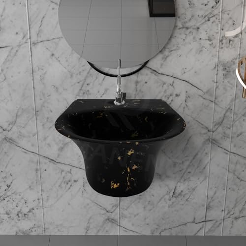 Image of REMANENCE Luxury Wall Mount Half Pedestal Wash Basin for Bathroom | Designer Wall Hung Basin | Wall Mounted Washbasin for Resturent, Hotels (16 x 16 x 11 Inch) (Black Gold Spot)