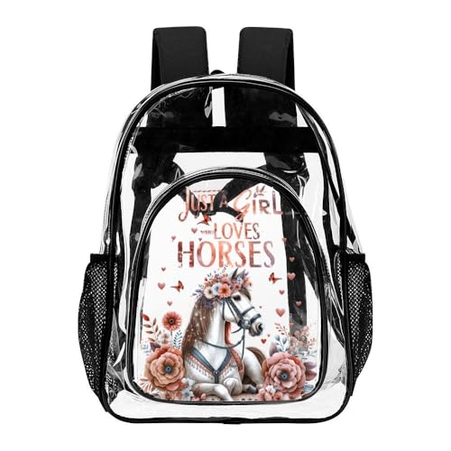 Horse Clear Backpack Heavy Duty for Girls Kids Boys Women Men - Large Cute PVC Horses Theme Printing Transparent Backpacks for Schools Stadium Concerts Work - Clear/Black