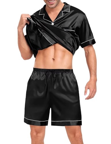 Image of SWOMOG Men Silk Pajama Set Short Sleeve Satin PJs Sets 2 Piece Button Down Sleepwear Soft Summer Loungewear with Pockets