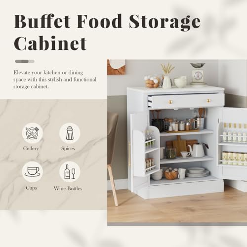 Image of Modern Freestanding Kitchen Pantry,Buffet Food Storage, Coffee Bar Cabinet with Drawer, 2 Adjustable Shelves and 2 Door Shelves for Dining, Kitchen, White (White + MDF + Farmhouse)