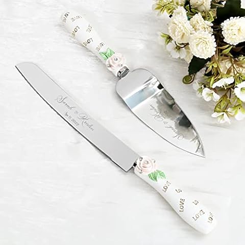 Cake Cutting Set for Wedding, Personalized White Cake Knife And Server Set, Engraved Wedding Cake Cutter Knife Set Silver, Birthday Bridal Cake Serving Set, Quinceañera Party Gift (Rose) Cover