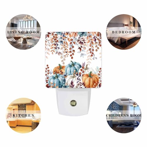 Image of Fall Thanksgiving Pumpkin Night Light Plug in LED Automatic Sensor Kids Night Lights, Farm Vintage Eucalyptus Leaves Night-Lights Plug into Wall for Bedroom Bathroom Kitchen Decor