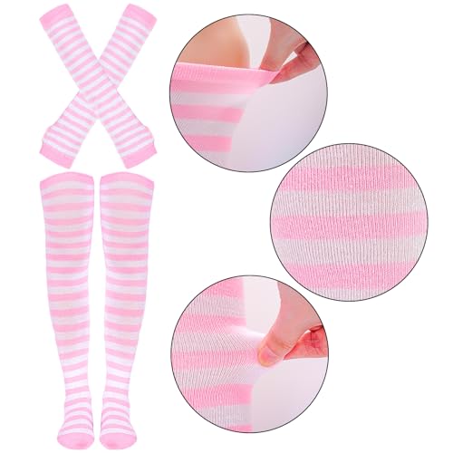 Image of Tongcloud Women's Striped Knee High Socks, Over Knee Thigh High Socks, Arm Warmer and Fingerless Gloves Set