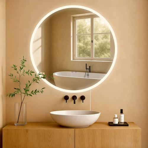 CLP Espejo de baño Laconia con iluminación, Espejo de baño antivaho, Espejo de Pared Redondo LED Regulable, 3 Modos de luz, Tamaño:Ø 80