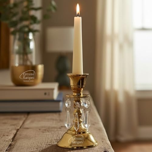 Image of Aluminum Taper Candle Stand with Hanging Crystal Drops | 5 inch Height | Wedding, Dining Table & Home Decor Centerpiece | 5inch