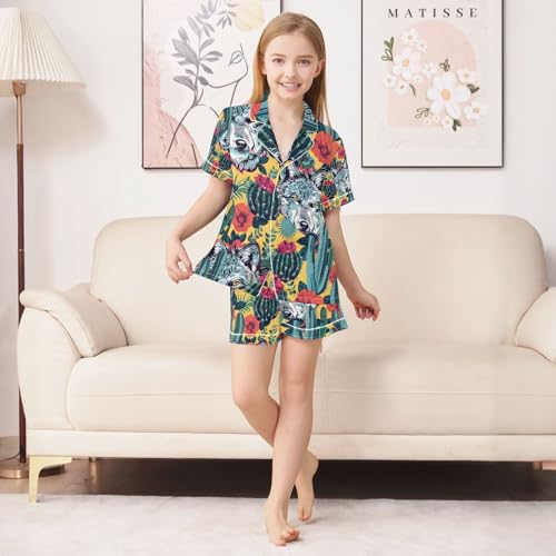 senya Wolfs Face Cacti Bright Colors Satin Summer Pajama Sets Silk Short Sleeve Button Down Sleepwear4