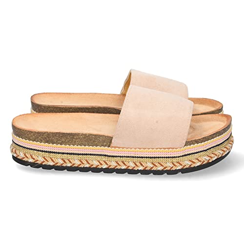 shoes&blues.es 66160-Sandalia para Mujer, Pala Simple, con Piso de Bio y Yute, Decoracion de Motivos Etnicos, Primavera Verano 2022. Talla 39 Beige