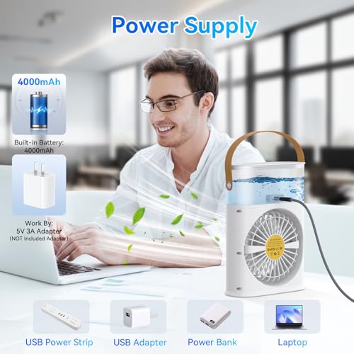 Portable Air Conditioner Cooling Fan, Rechargeable Mini Evaporative Personal Air Cooler Fan with 3 Speeds and 2 Spray, 1/2/3H Timer, 7 Night Light, for Room Bedroom, Office, Desk image 4