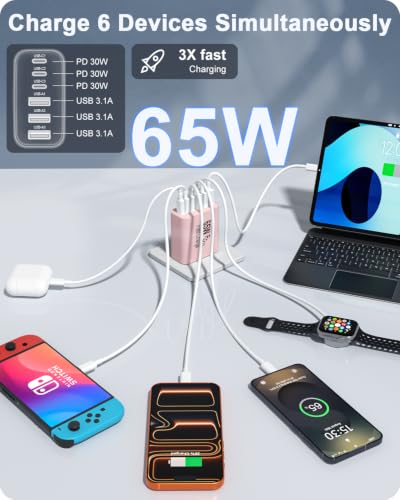 Image of 2-Pack 65W USB C Charger Block, 6-Port Fast Wall Charging Block [3 PD USB-C & 3 QC USB-A] for iPhone 17 16 15 Pro Max, iPad Pro, Galaxy S26 S25, Pixel 10 9, iWatch,Google & More