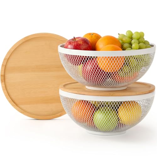 Yiyiring 2 Pack Mesh Fruit Basket with Lids 9.8" Stackable Baskets with Bamboo Lid Fruits Holder for Kitchen Countertop Fruit Bowl with Lid Versatile Produce Storage (White)