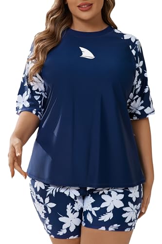 Womens Two Piece Plus Size Short Sleeve Rash Guard Sets Modest Swim Shirts Top and Shorts UPF50+ Swimsuit