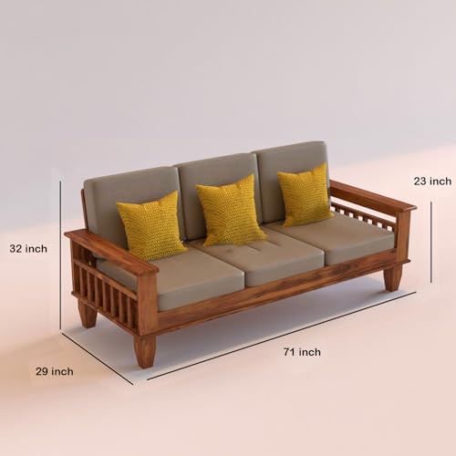 Image of Sheesham Wooden 3 Seater Sofa for Living Room | Rosewood 3 Seater Cushion Sofa with Side Newspaper Holder for Home & Office | Solid Wood Sofa Set for Lounge (-Honey)