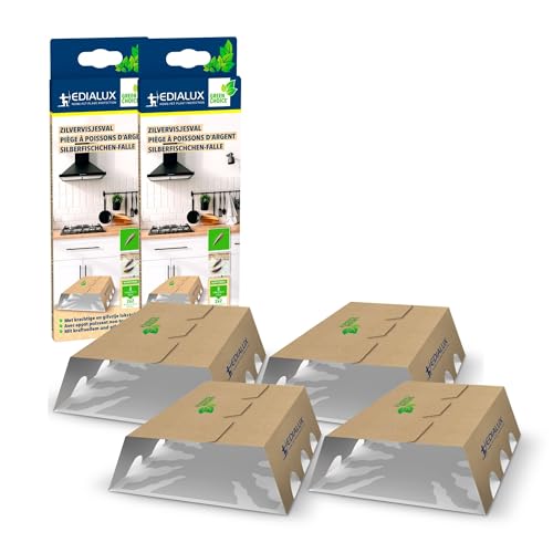 Edialux Ensemble de 4 pièges à Poissons d’Argent à phéromones, Surface adhésive sans Odeur, sûr pour Enfants et Animaux, Actif 2 Mois, idéal pour Cuisine Salle de Bain Espace de Rangement