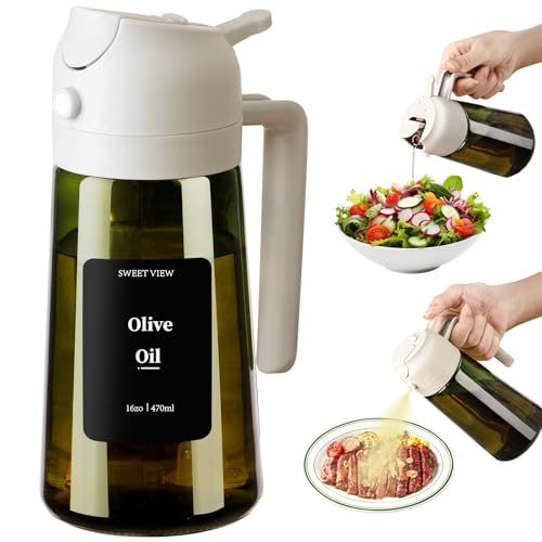 SWEET VIEW Olivenölspender und Ölsprüher – 470 ml Glas, lichtdichter Ölausgießer für Küche, Luftfritteuse, Kochen, Salat und BBQ 1