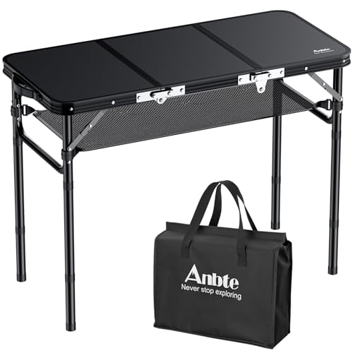 Anbte Campingtisch Höhenverstellbarer 88x40cm (LxB) Aluminium Klapptisch Tragbar Koffertisch mit Aufbewahrungsnetz Gartentisch für Grill Picknick Party (Schwarz)