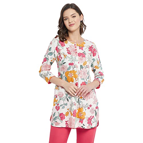 Image of Tissu Women's Green & Pink Floral Printed Kurti