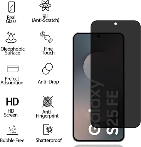 Image of ZARALA Privacy Screen Protector for Samsung Galaxy S25 FE 5G [1 Pack],Anti-Spy Tempered Glass Film,9H Hardness,Anti Scratch,Anti Fingerprint,Bubble-Free,Anti-Spy Screen Protector
