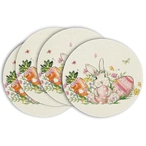 Artoid Mode Easter Round Placemats Set of 4 14 Inch Bunnys Carrot Eggs Spring Farmhouse Round Table Mats for Easter Party Dining Decoration