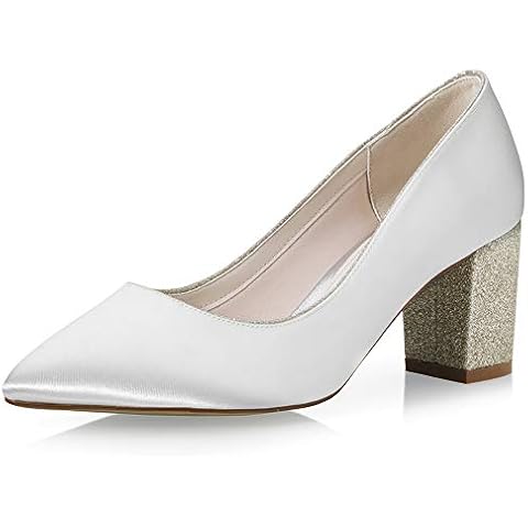 Rainbow Club Bambi - Mid Height Ivory Satin Court Bridal Wedding Shoes with Silver Shimmer Block Heel, 7 UK Cover