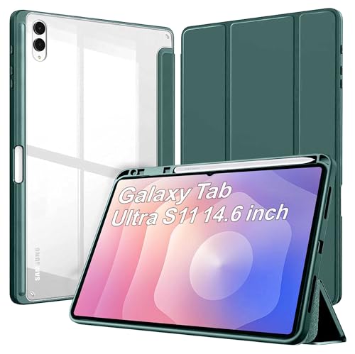 Image of ProElite Cover for Samsung Galaxy Tab S11 Ultra 14.6 inch, Smart Flip Case Cover for Samsung Galaxy Tab S11 Ultra 14.6 inch with Pen Holder, Dark Green [Transparent Back]