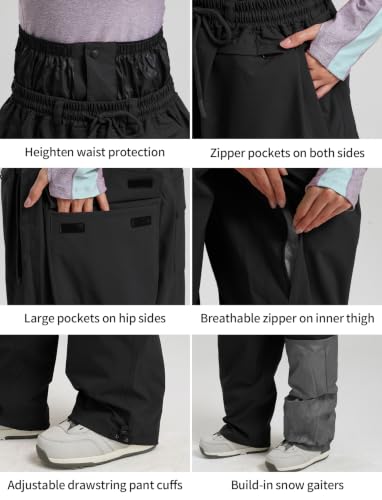 Image of GSOU SNOW Mens Womens Snow Pants Baggy Snowboard Ski Pants Waterproof | 15K Waterproof,10K Breathable,Windproof Waist Powder Skirt,Thigh Vent Zippers,Adjustable Waist & Cuffs Drawcord,5 Pockets