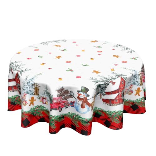 ABSOP Christmas Round Tablecloth 70 Inch Xmas Snowman Pattern Circle Table Cloth Red Plaid Tablecloth Winter Table Cover Washable Polyester Decor for Home Kitchen Dinning Party