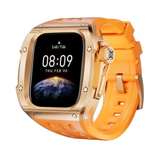 TOPBD 316L Stainless Steel Case Rubber Strap Mod Kit Set?For Apple Watch Series 10 46MM Watchbands(Rose Gold Orange)