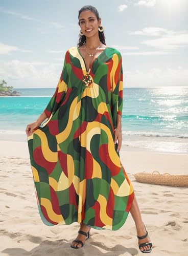 Image of Yanziliu Kaftan Dress for Women,Plus Size Hawaiian Batwing Sleeve Beach Cover Up Summer Swimsuit Dresses