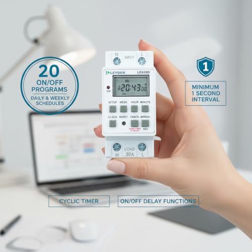 Image of LEYDEN LE630D, 30A 220VAC Digital Timer Switch 20 ON /Off Programs Daily /Weekly, 1-Second Interval Cyclic & Delay Function (1s-24h) for Bell, Siren, Lights, Motors, Fans, Heaters, Irrigation & Fogger