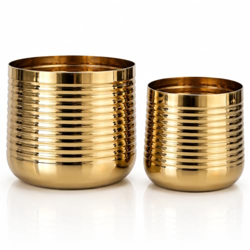 Image of ecofynd 2 Pack Metal Plant Pots (6 inch, 5 inch), Indoor Small Planter Flower Pots, Home Garden Decor Planter for Living Room Bedroom Interior (Gold Finish, POT052)