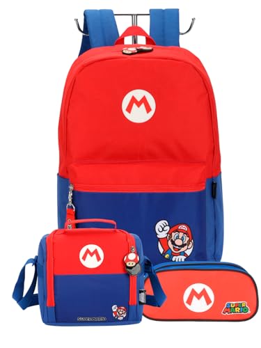 Mochila Escolar Super Mario com Lancheira e Estojo, Kit 3 Peças, Vermelha e Azul, 46cm de Altura