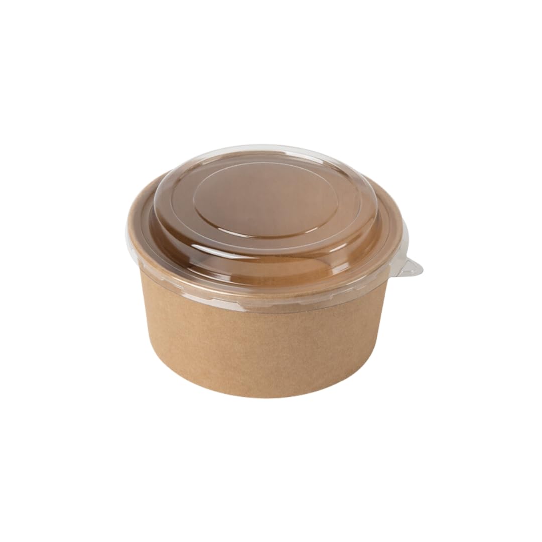 Tazón desechable de Ensalada y Sopa marrón kraft Redondo 750 ml con tapa PET