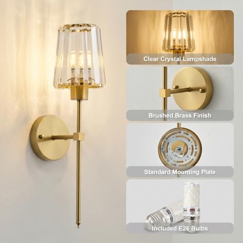Image of KARTOOSH Hardwired Crystal Wall Sconces Set of 2 | 20.1 Inch Brass Conical Crystal Wall Lights Dimmable 3000K Warm White Wall Lamps for Hallway, Bathroom, Living Room, Bedroom