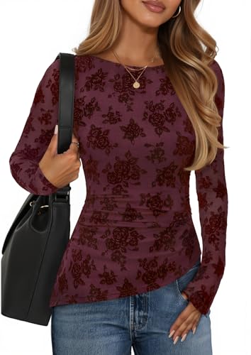 ZESICA Womens Floral Long Sleeve Shirts 2026 Spring Boat Neck Mesh Ruched Tops Fitted Asymmetrical Going Out Blouses,Wine,Medium