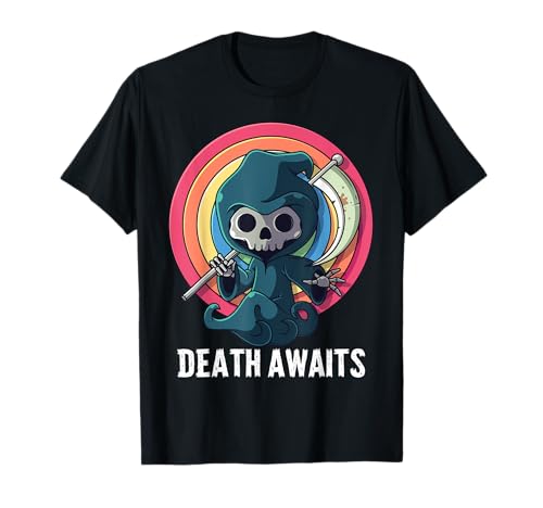 Death Awaits Grim Reaper Scythe Rainbow Halloween Costume T-Shirt