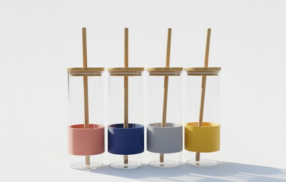 Image of Glass Tumbler with lid and Straw, Glass Bottle with Unique Wooden Straws, Bamboo Lid, Glass Tumblers, Smoothie, Jars, (400ml)