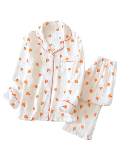 codcm Womens Cotton Gauze Pajama Set Long Sleeve Button Up Shirt and Pants 2 Piece Cute Printed Pj...