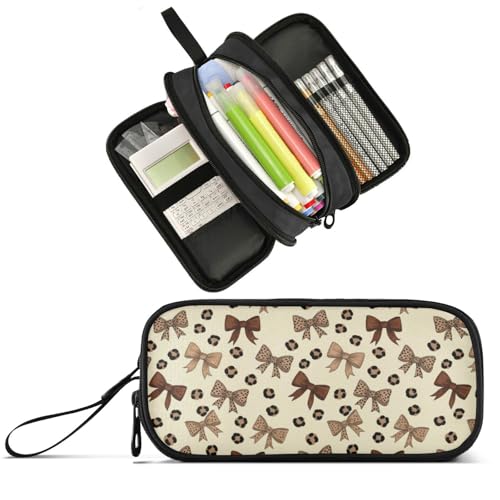 Image of Wfrish Brown Leopard Bow Large Capacity Pencil Case, 3 Compartments Pen Pouch Organizer for School College Office, Zippers Big Pencil Bag for Teens Adults Girls Boys Makeup
