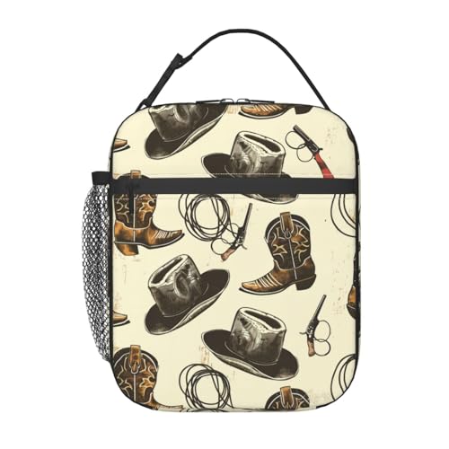 ainori Reusable Western Lunch Box for Kids Girls Boys Women Adult, Insulated Cowboy Hat Boot Lunch Bag,Polyester Cooler Lasso Handbags Case for School Picnic Work Travel Beach or Hiking (Vintage)