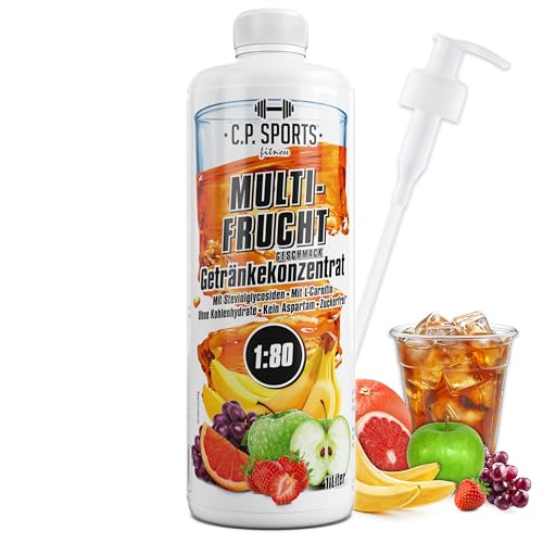 C.P. Sports Getränkesirup MULTIFRUCHT für Mineraldrink I VITAMINE + ZUCKERFREI* I Getränkekonzentrat Sirup 1:80 zum Mixen mit Wasser für Vital-Drink Sport-Getränk I 1 Liter + Pumpspender
