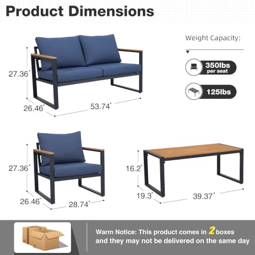 Image of Patio Furniture Set, 4 Pieces Outdoor Patio Furniture with Coffee Table Set, Metal Patio Conversation Sets with Washable and High-Resiliency Sponge Cushions, Upgrade Blue