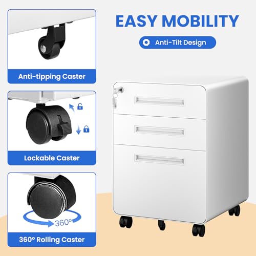 Image of MIIIKO Mobile Filing Cabinet 3 Drawer, White Small File Cabinet with Lock Under Desk, Filing Cabinets for Home Office with Wheels, A4 /Letter /Legal Hanging File Folders