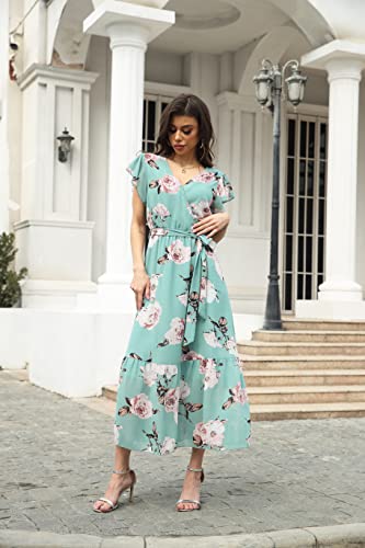 Image of VintageClothing Womens Sundress Casual Floral Summer Boho Dress | Flowy Wrap V Neck Ruffle A-Line Pleated Hem Midi Dresses