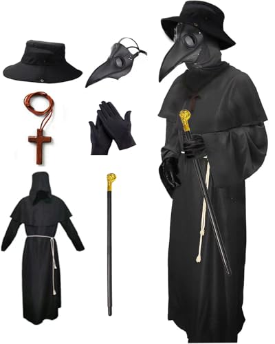 Nicexx Plague Doctor Mask Costumes Set 6 in 1 Halloween Beak Mask Plague Dr Outfit for Adults (X-Large)