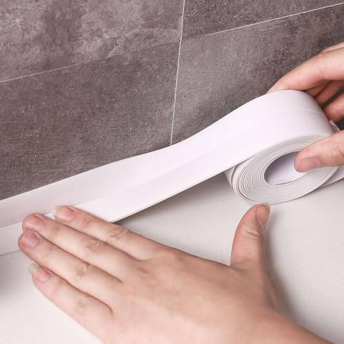 Image of White Waterproof Caulk Tape PVC Self Adhesive Caulk Strip Joint Adhesive Shower Bathtub Joint Strip Bathroom Sealing Tape Kitchen Sealing Tape and Shower Tile Sealant