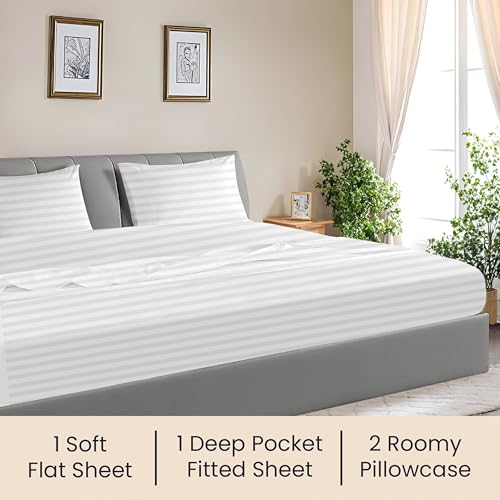 Image of SGI 108 inchx80 inch 4 Pc Florida King Sheet Set 600 TC 18 inch Deep, White Stripe