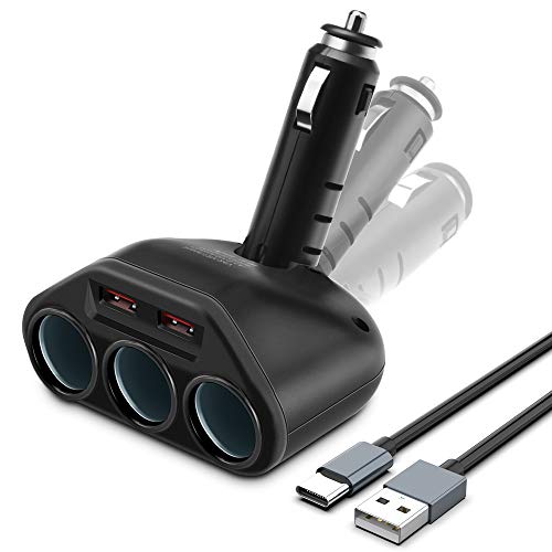 Rocketek 3-Socket 120W 12V/24V DC Outlet Multi Socket Cigarette Lighter Splitter QC3.0 Car Charger Power Outlet Splitter Extender Quick Charge 3.0 Dual USB Rapid Car Charger with Type C Cable 3.3ft